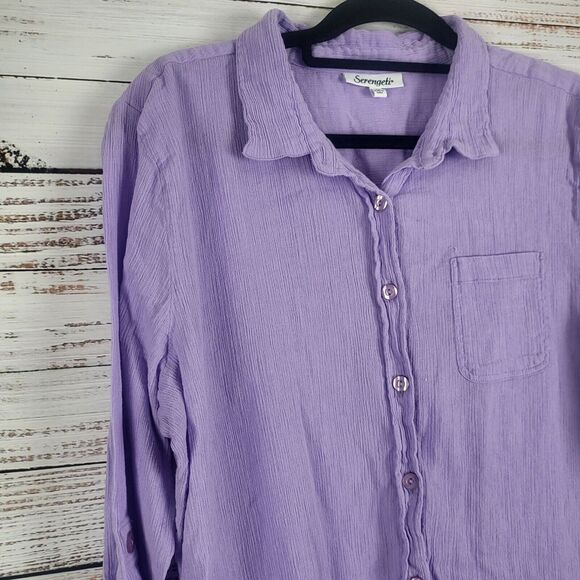 Sergenti Button Front Top XL Womens Purple Long Roll Tab Sleeve 100% Cotton - Picture 2 of 13